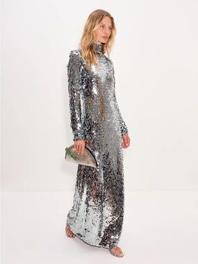 Simon Miller Silver Sequin Long-Sleeve Maxi Gown